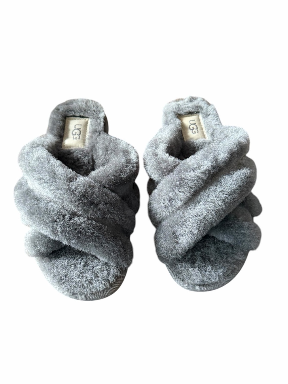 UGG•Scuffita Gray Plush Crisscross Slide Slippers